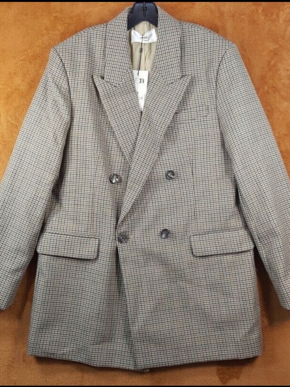 AMI Paris Mens Blazer: Size 38 US (48 EU) Tan Houndstooth Double Breasted NWT